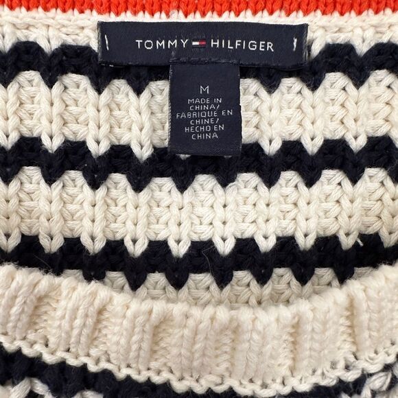 Tommy Hilfiger Cropped Sweater Cream Cable Knit Blue Striped Nautical Size M - Picture 6 of 10